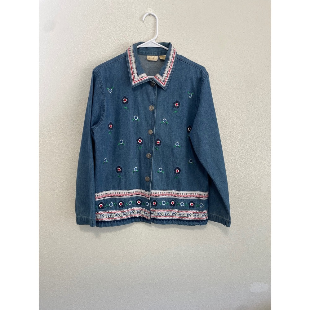 VTG Bobbie Brooks Womens Large Denim Jacket Floral Embroidered Trim Cottagecore